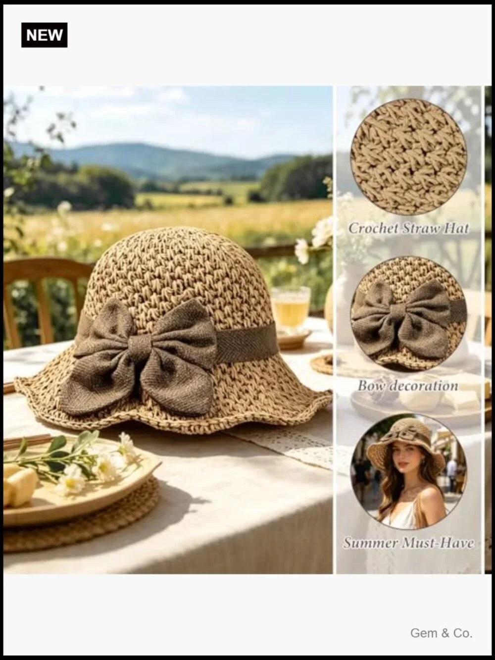 Woven Straw Sun Hat with Ruffled Bow, Foldable Travel Bucket Hat